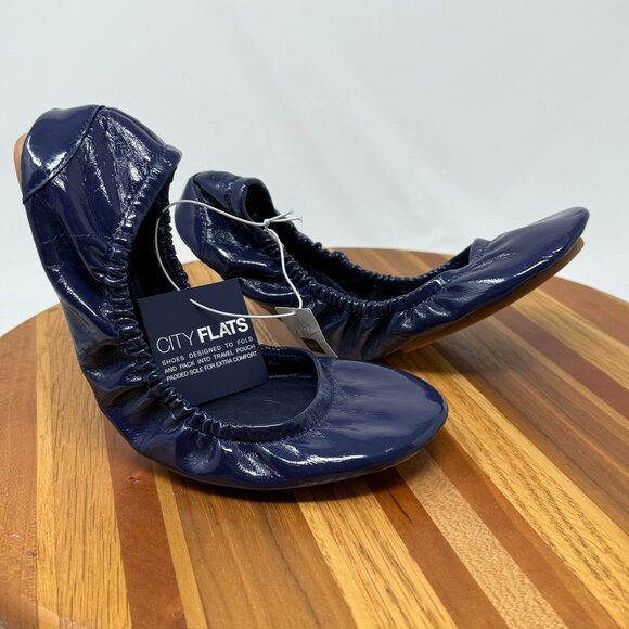 GAP City Flats Navy Patent Foldable Ballet Flats 8.5 Padded Sole Travel Comfort - Picture 2 of 6